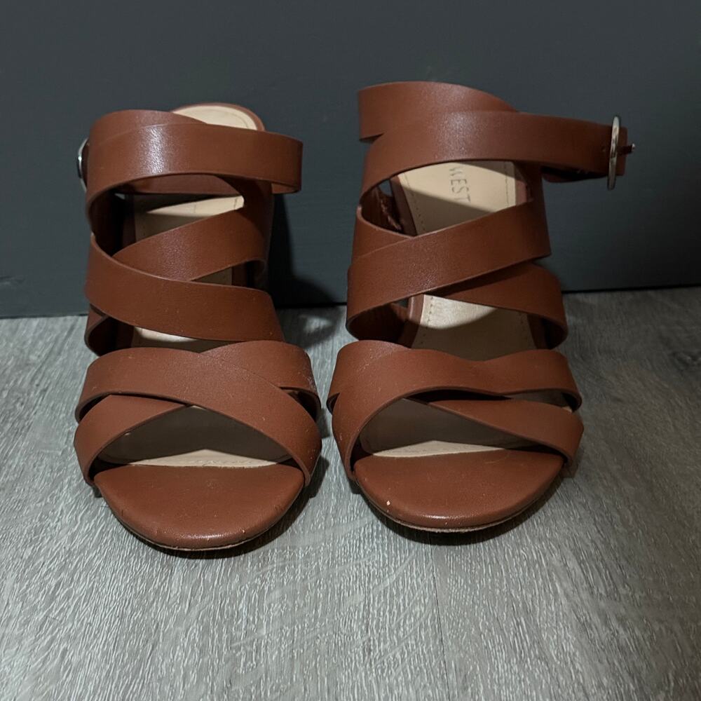 Nine West Cognac Sheena Strappy Heels, EUC, Size 7.5